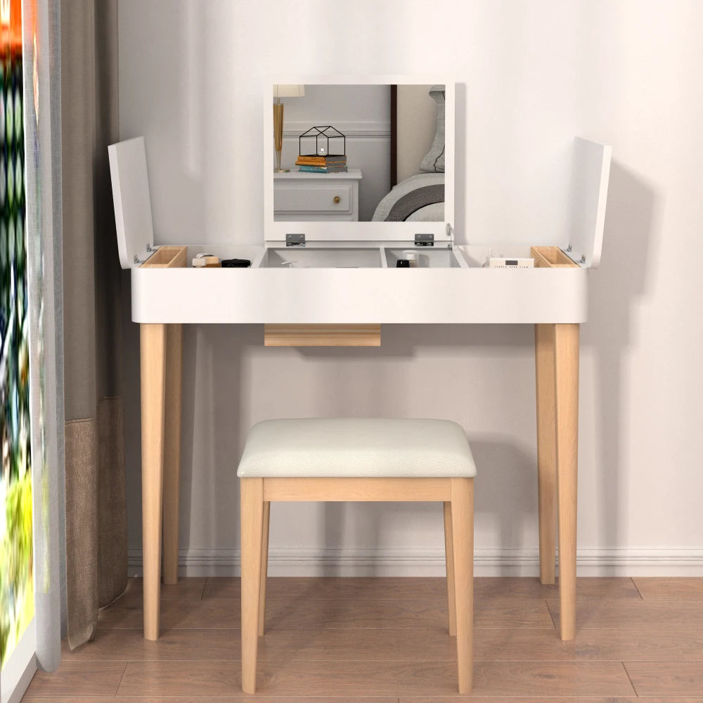 Vanity Mirror with Lights and Solid Wood Legs and Flip-Up High Definition Mirror