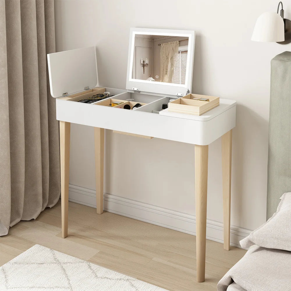 Vanity Mirror with Lights and Solid Wood Legs and Flip-Up High Definition Mirror