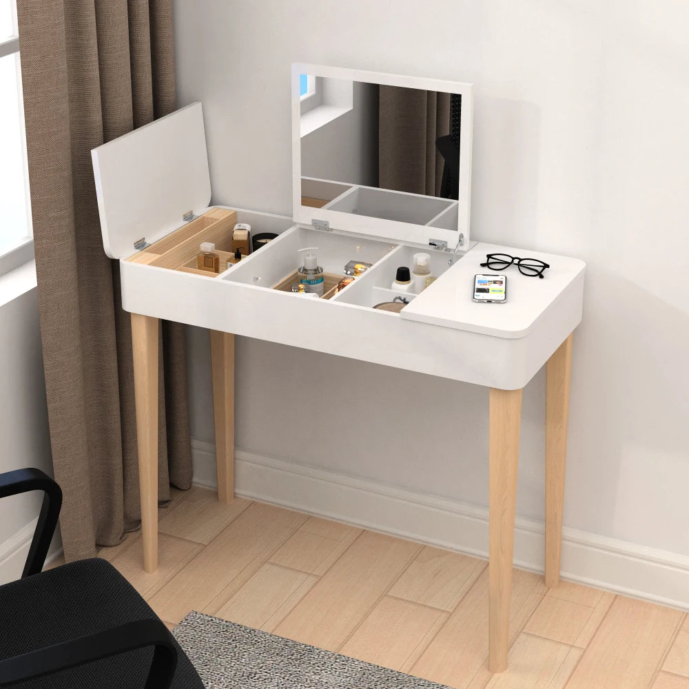 Vanity Mirror with Lights and Solid Wood Legs and Flip-Up High Definition Mirror