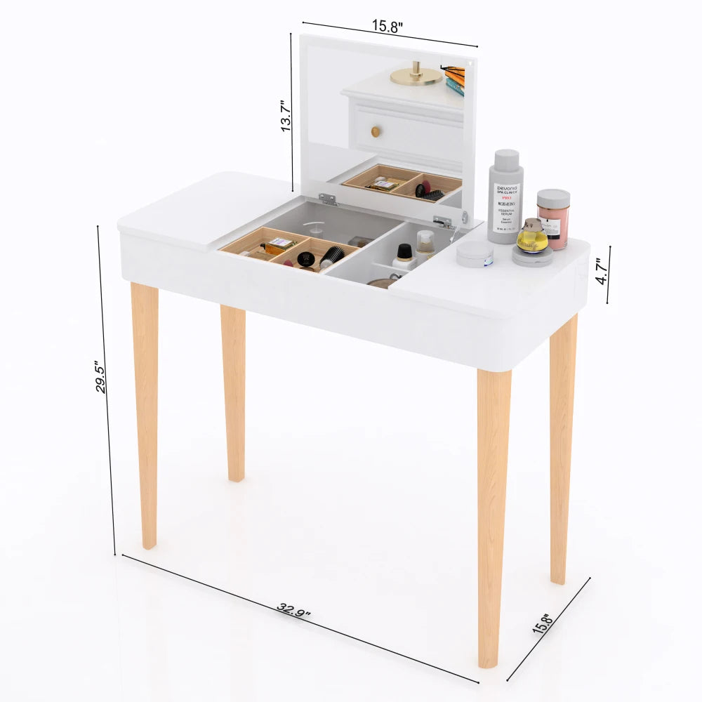 Vanity Mirror with Lights and Solid Wood Legs and Flip-Up High Definition Mirror