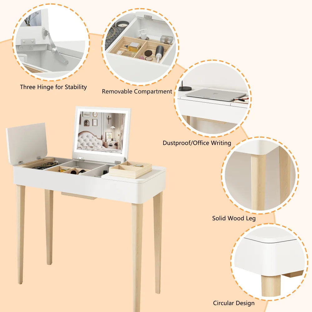 Vanity Mirror with Lights and Solid Wood Legs and Flip-Up High Definition Mirror