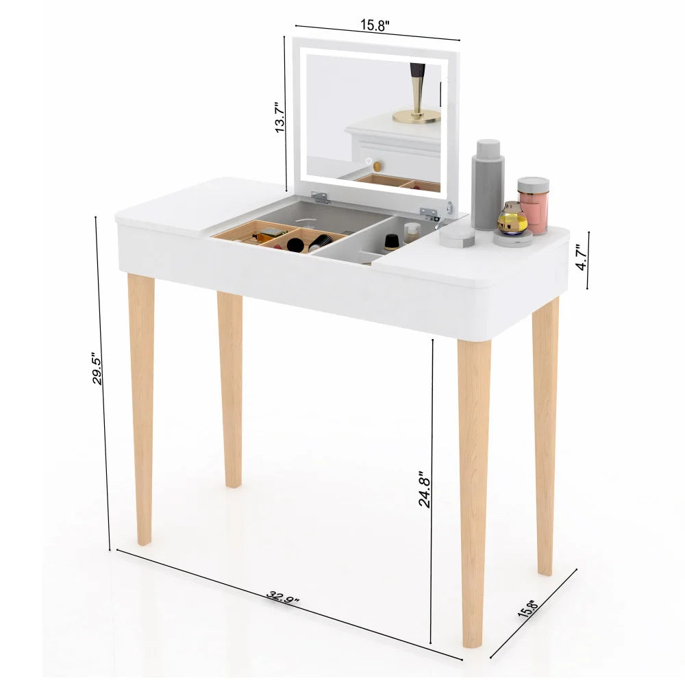 Vanity Mirror with Lights and Solid Wood Legs and Flip-Up High Definition Mirror